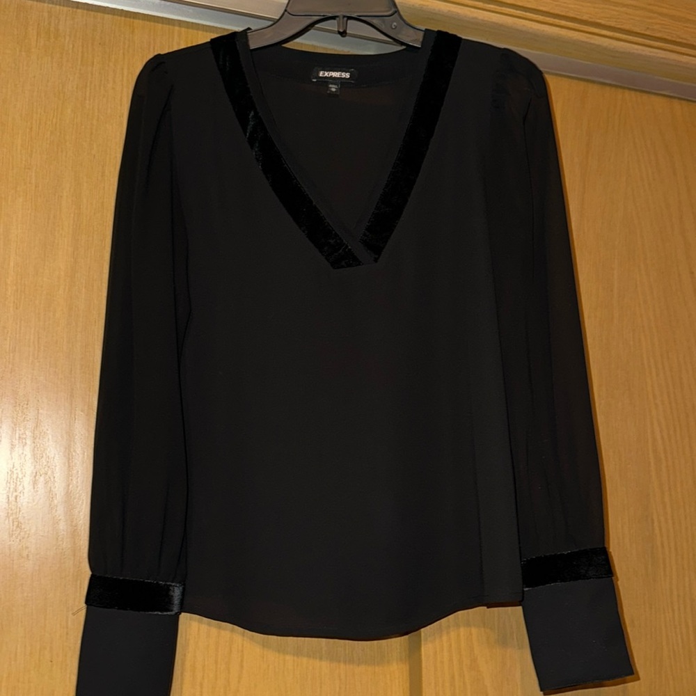 Velour Trim Sheer Long Sleeve Blouse - Picture 3 of 11